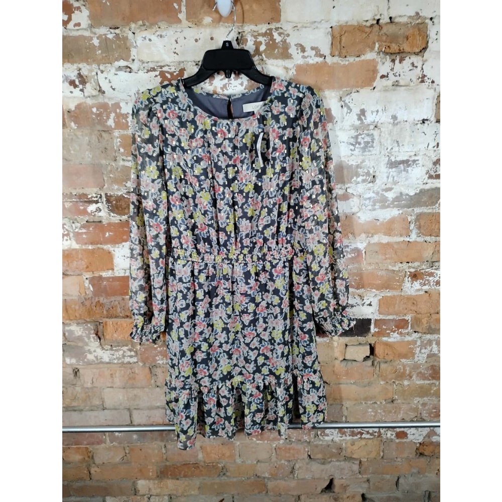 NWTLoft Shimmer Floral Smocked Flounce Dress Long Sleeve Gray Pink Feminine Sz M